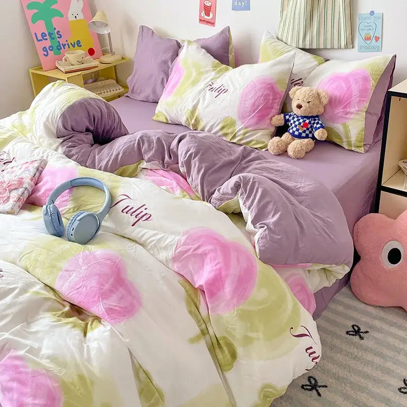 Pastel purple and pink tulip-patterned duvet set with soft plush texture in pastel blue and white bunny cartoon pattern bed sets decorbites cartoon pattern cotton
