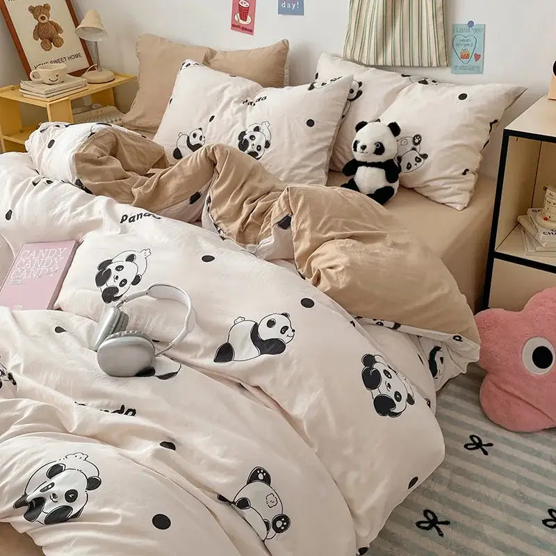 Cream-colored cotton duvet cover with black panda and polka dot prints for decorbites cartoon pattern bed sets