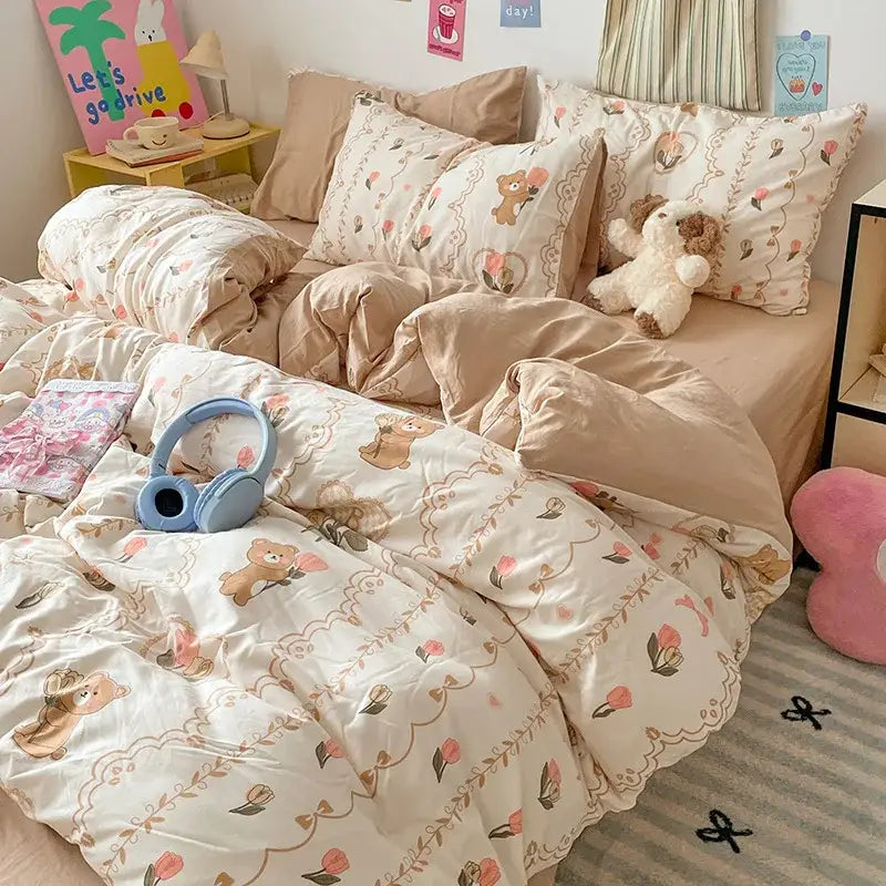 Cream-colored cotton duvet set with soft embroidered teddy bears and pink flowers decorbites cartoon pattern bed sets