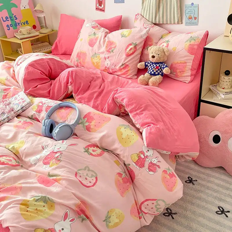 Pink strawberry and bunny patterned plush fabric bedding set featuring decorbites cartoon pattern for bedroom use
