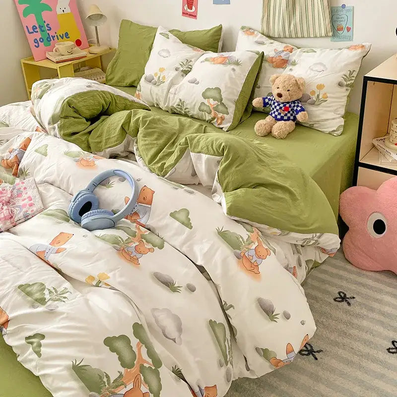 Pastel blue and white cotton bed sets with green and white decorbites cartoon pattern and soft plush texture