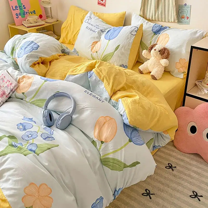 Pastel floral comforter bed set with yellow and blue tulip prints on soft white cotton featuring decorbites cartoon pattern