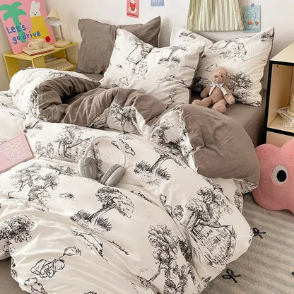 White duvet bed set with black ink-style tree cartoon pattern on soft cotton fabric for decorbites cartoon pattern collection