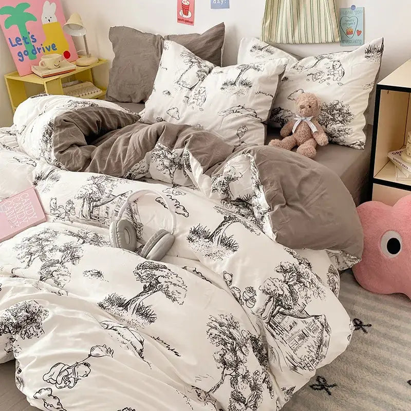 White duvet bed set with black ink-style tree cartoon pattern on soft cotton fabric for decorbites cartoon pattern collection