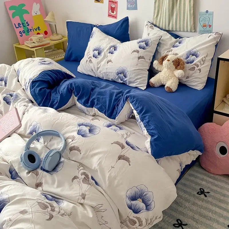 Pastel blue and white bed sets with cartoon pattern featuring plush cotton fabric for comfortable bedroom decorbites cartoon pattern