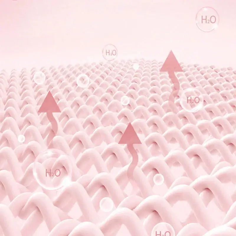 Pink wavy-textured surface with h₂o molecules showing moisture absorption in pastel blue and white bunny cartoon pattern bed sets cotton