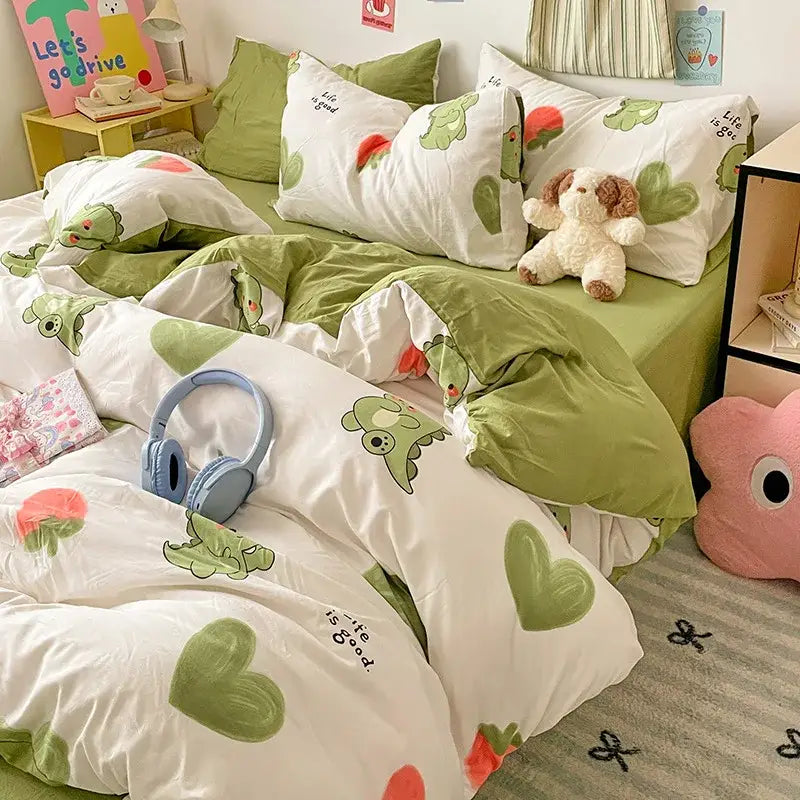 Cute green and white dinosaur themed cotton bedding set with heart patterns featuring decorbites cartoon pattern design