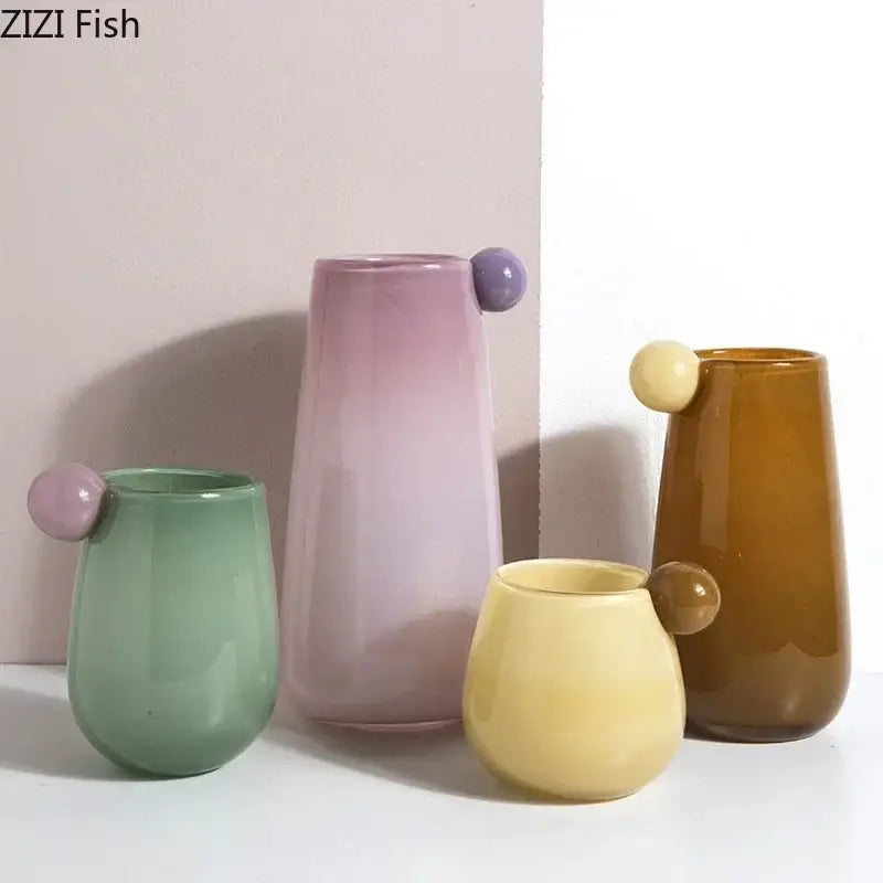 Pastel bubble colorful glass vase with rounded bodies and small handles perfect for living room decor
