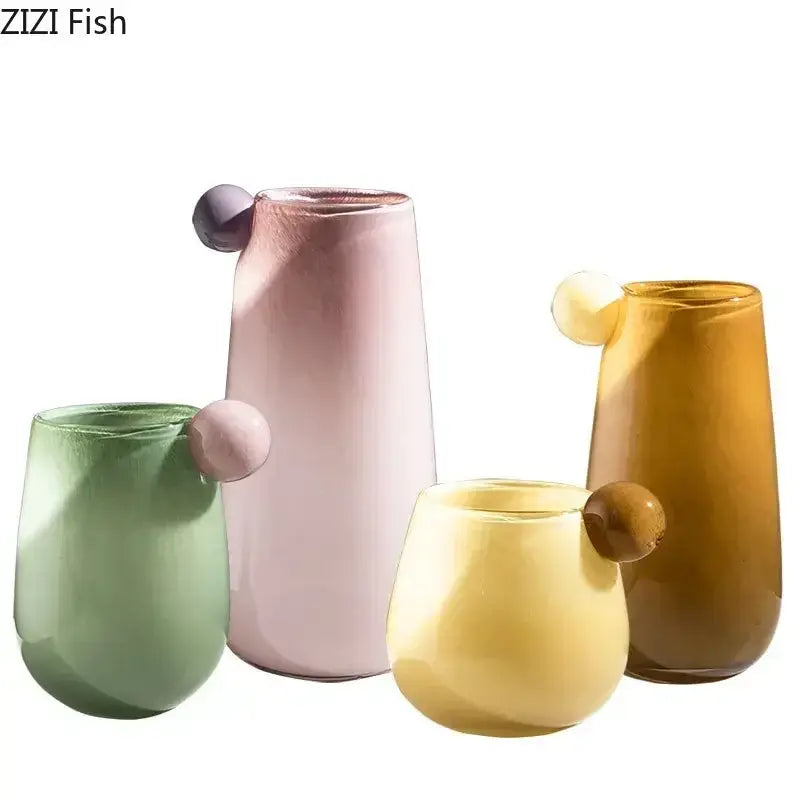 Pastel bubble colorful glass vase set with rounded handles in soft green pink yellow and amber for living room decor