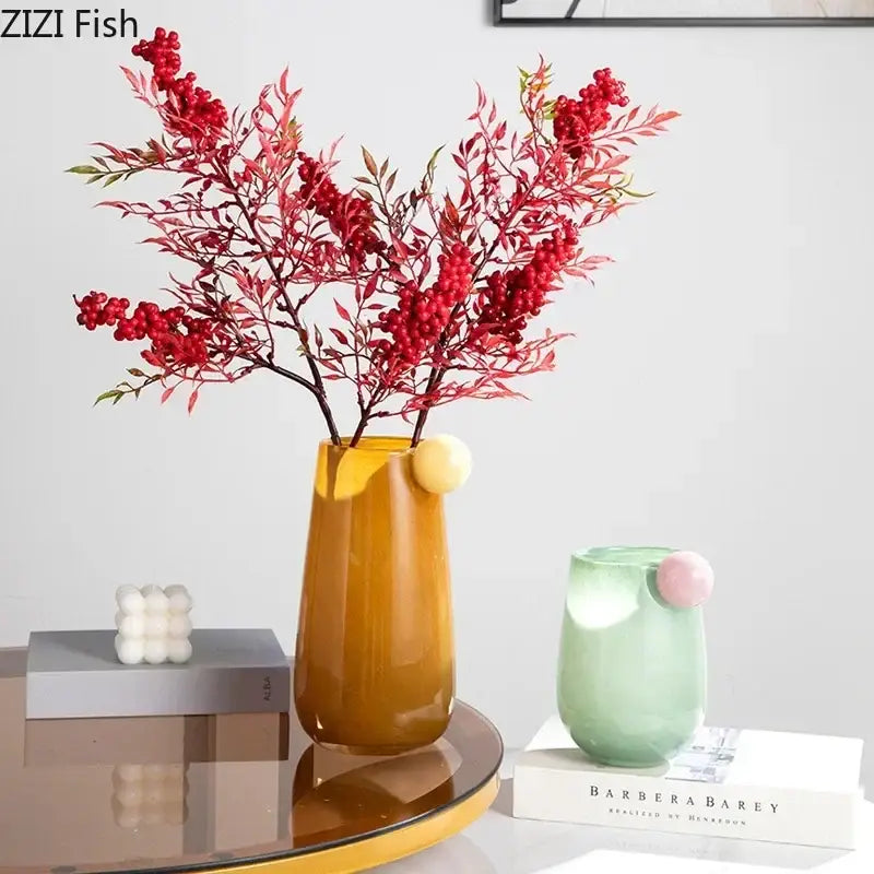 A tall amber colorful glass vase with a rounded glossy finish and a small yellow accent for living room decor