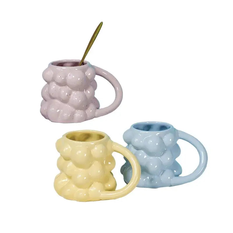 Pastel bubbly grape ceramic mug with textured bubble design by decorbites ideal for kitchen and milk cup gift