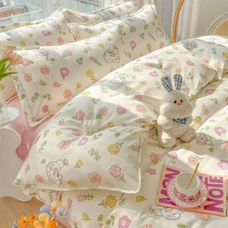 Pastel bunny and flower cartoon print cotton bedding set in cream pink yellow and green tones for bedroom decorbites decor