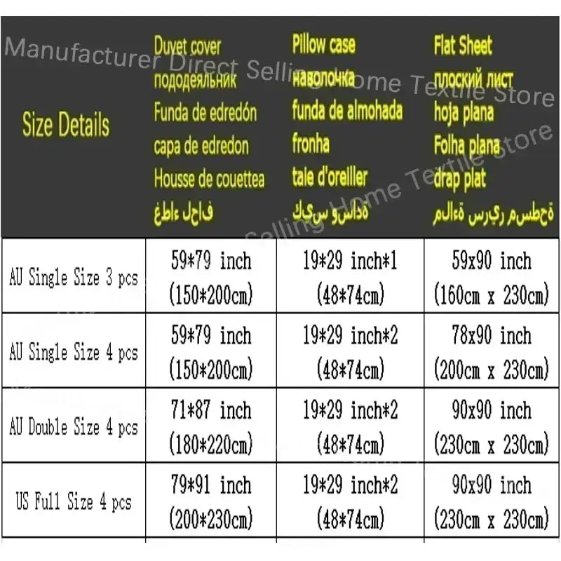 Product size chart for pastel bunny and flower cartoon print bedding set with dimensions in inches and centimeters decorbites cartoon print