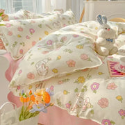 Cream-colored decorbites cartoon print bedding set with pastel flowers and cute bunny pattern for bedroom decor