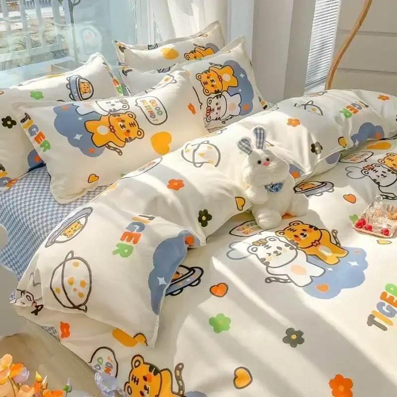 Cute white bedding set with playful cartoon print tigers and clouds in pastel colors for decorbites cartoon print decor