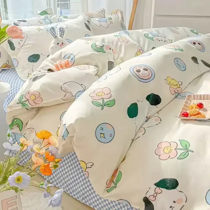Cute cream-colored bedding set with pastel bunny and flower cartoon print on soft fabric for decorbites cartoon print decor