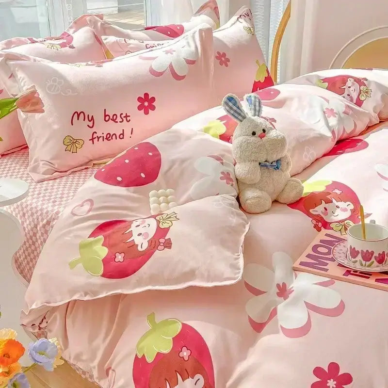 Pink strawberry-themed pastel bunny and flower cartoon print bedding set featuring floral patterns for bedroom decorbites decor