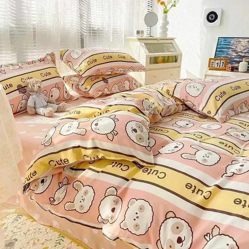 Pastel bunny and flower cartoon print bedding set with pink and yellow bear-themed decorbites cartoon print design