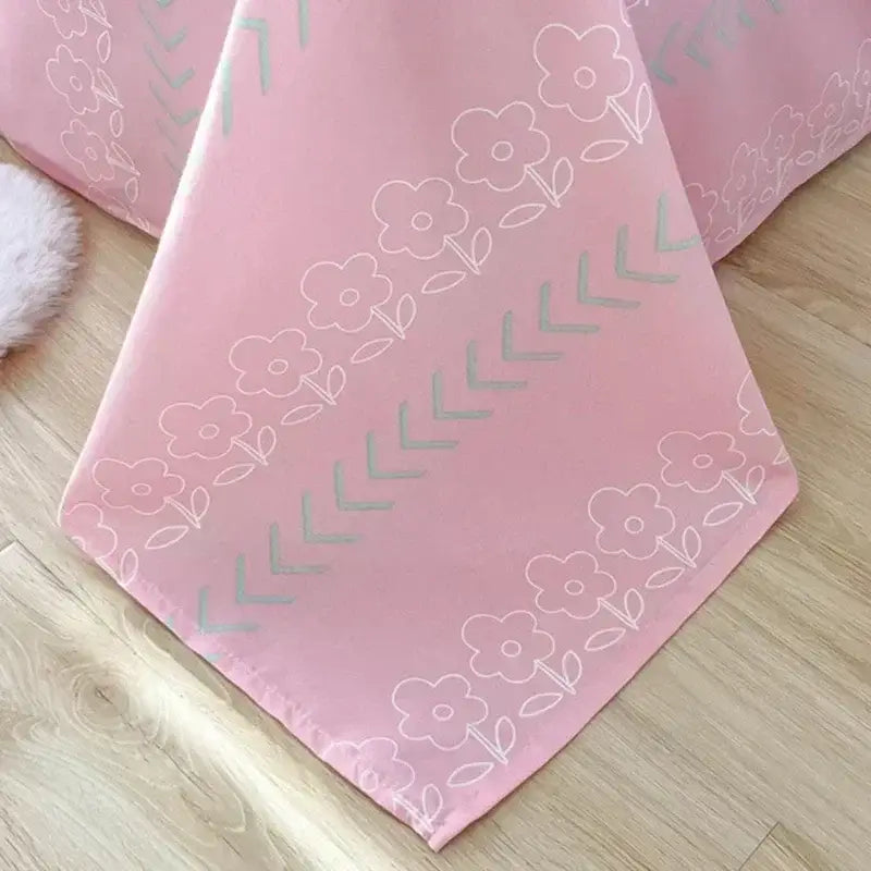 Pink fabric with delicate light gray floral and chevron pattern for pastel bunny and flower cartoon print bedding set decorbites