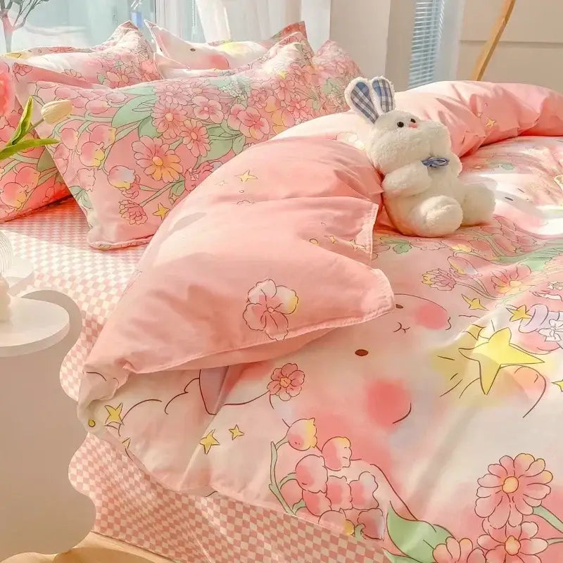Pastel bunny and flower cartoon print bedding set with pink floral patterns and cute pastel decorbites cartoon print designs