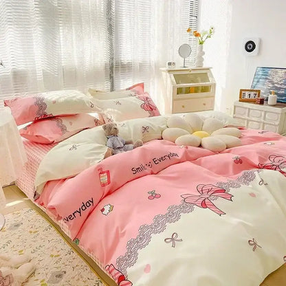 Pastel bunny and flower cartoon print bedding set in pink and cream with cherry bow and lace patterns for bedroom decorbites cartoon print