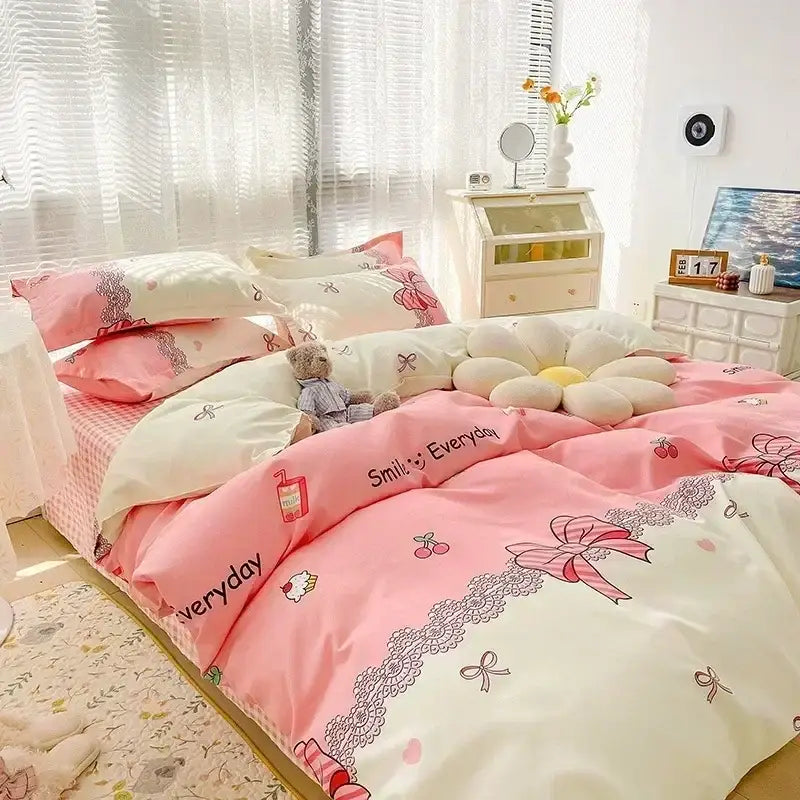 Pastel bunny and flower cartoon print bedding set in pink and cream with cherry bow and lace patterns for bedroom decorbites cartoon print