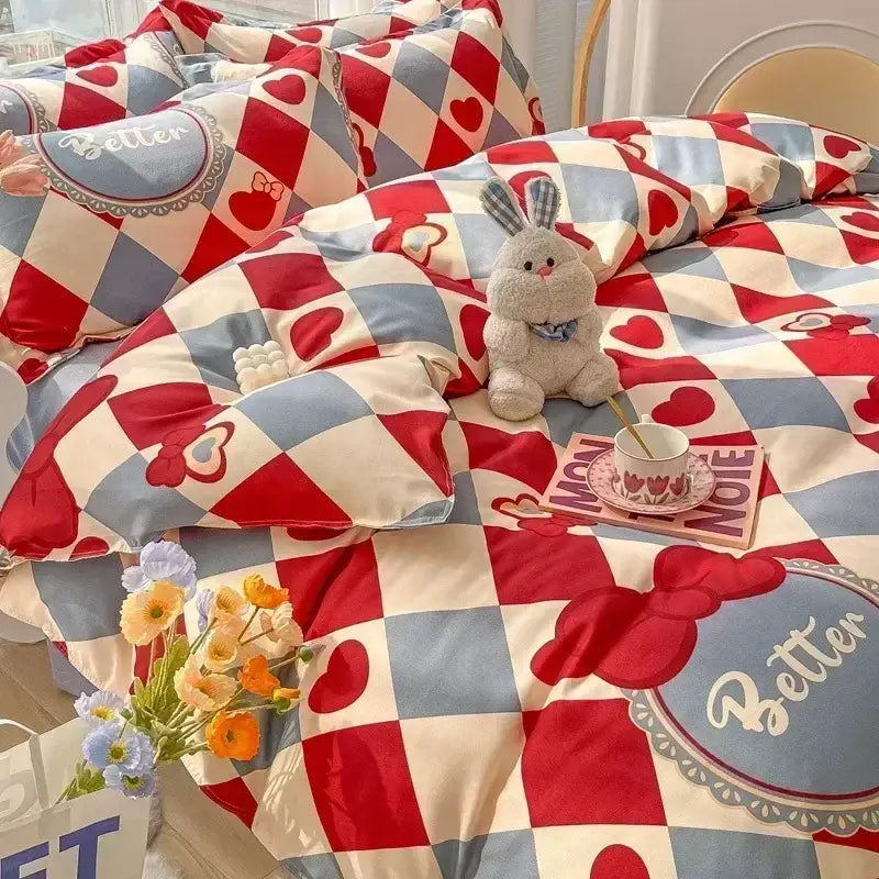 Pastel bunny and flower cartoon print bedding set with red blue white checkered duvet and heart bow patterns decorbites cartoon print