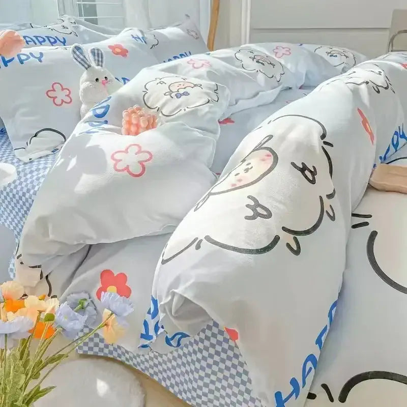 White bedding set with pastel bunny and flower cartoon print featuring black outline rabbits clouds and checkered bed skirt decorbites cartoon print