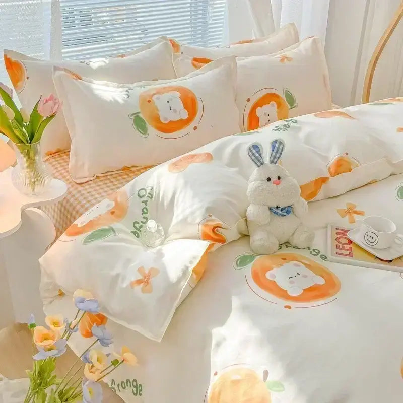White cartoon print bedding set featuring cute bears inside orange slices and green leaves for decorbites bedroom decor