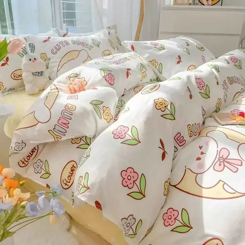 White duvet bedding set with pastel pink yellow green floral and cute bunny decorbites cartoon print design