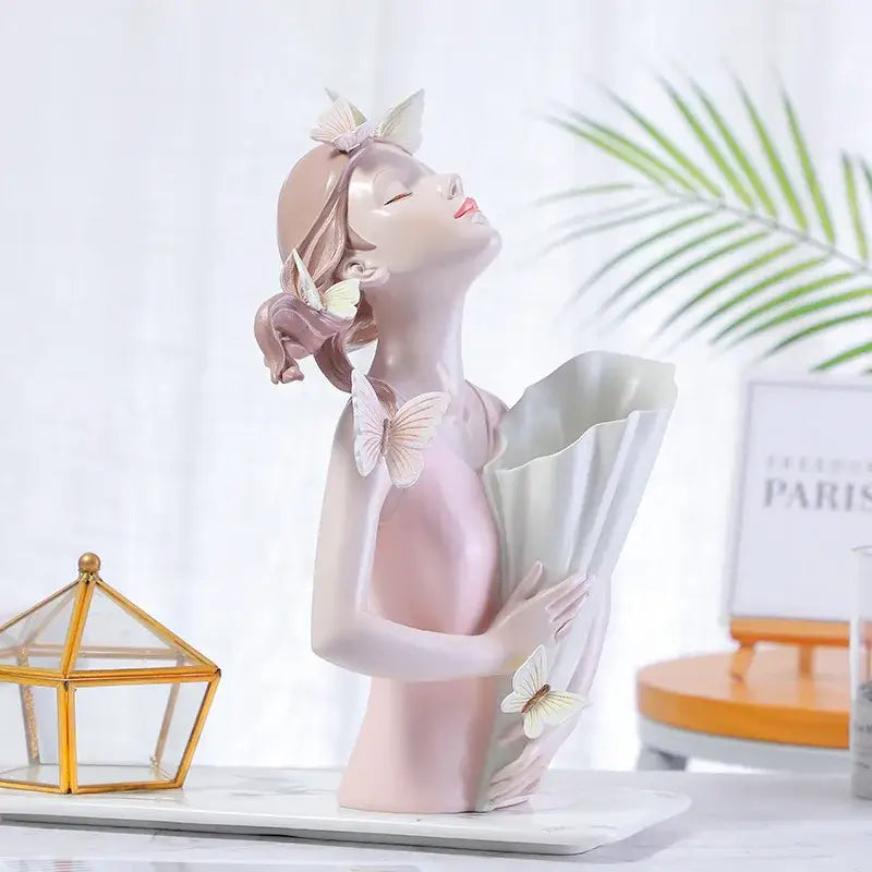 Pink resin butterfly girl flower vase figurine with closed eyes butterflies and open fan for living room decor