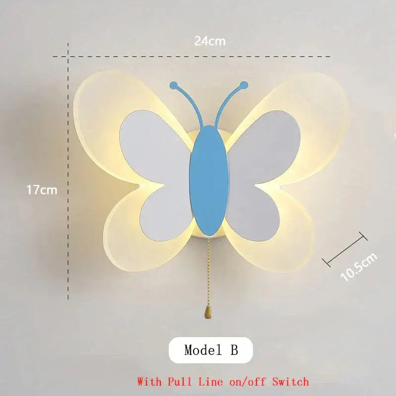 Blue decorbites butterfly wall lamp with translucent wings and pull-chain switch for kids bedroom and nursery decor