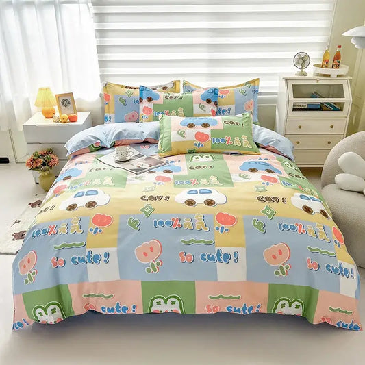 Pastel cartoon dog duvet set with playful car pig and frog designs on soft cotton fabric by decorbites happy