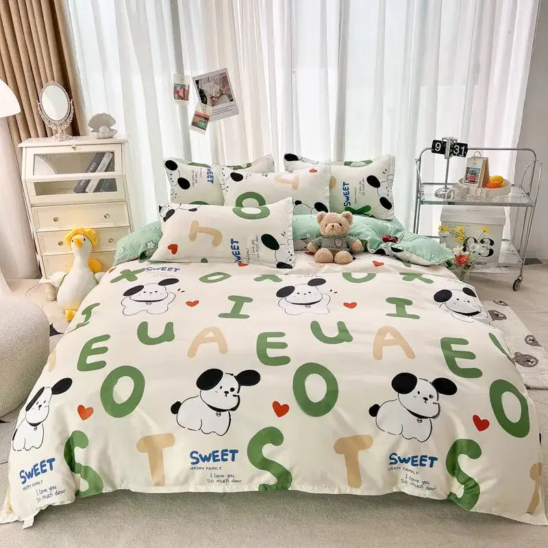 Cream-colored dog duvet set featuring playful cartoon pandas red hearts and green beige letters on soft fabric by decorbites happy