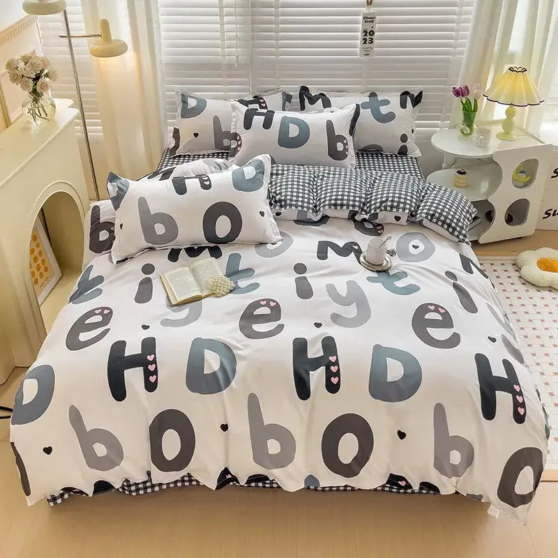 White duvet set with gray and black letter print and pink hearts featuring playful fonts dog duvet set by decorbites happy