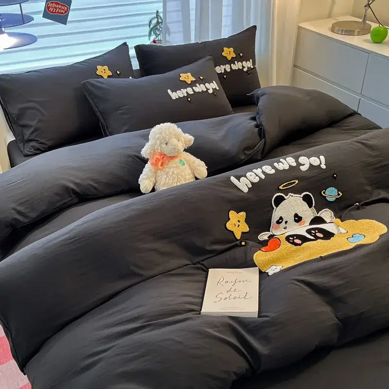 Black cartoon embroidered cotton bedding set featuring a cute panda with stars and planets for bedroom decorbites