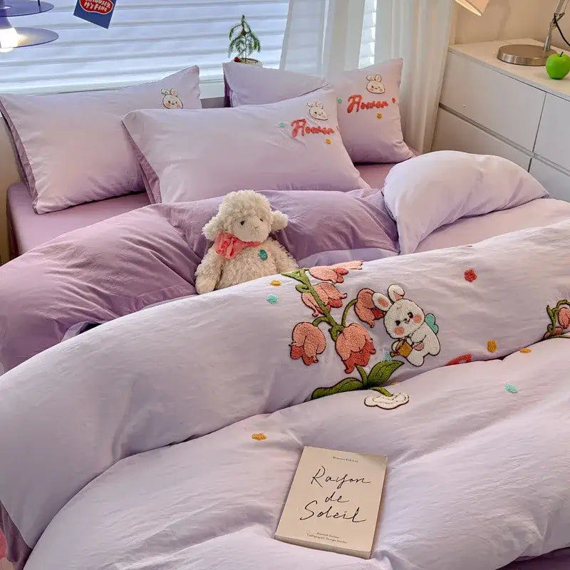 Lavender pastel cartoon embroidered cotton bedding set with embroidered bunnies and pink flowers for bedroom decorbites