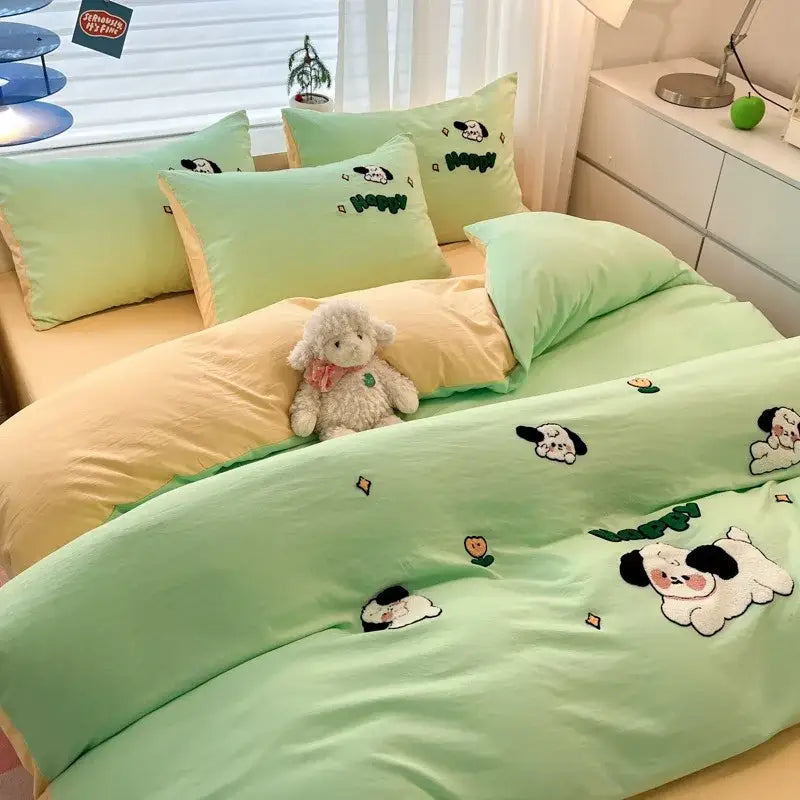 Pastel mint green and pale yellow cartoon embroidered cotton bedding set with dog-themed details by decorbites