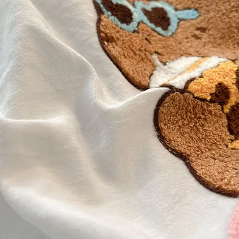 White cotton bedding set with decorbites cartoon embroidered brown bear wearing light blue sunglasses for bedroom decor