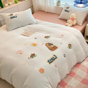 White cotton bedding set with pastel decorbites cartoon embroidered bears suns and stars for bedroom decor