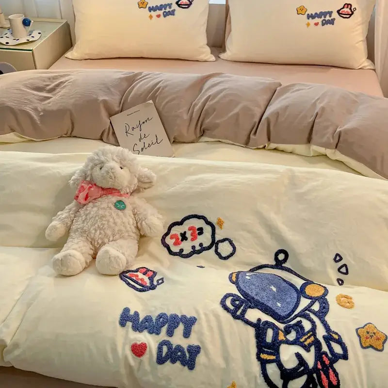 White plush lamb toy with pink bow and green button featured in pastel decorbites cartoon embroidered cotton bedding set