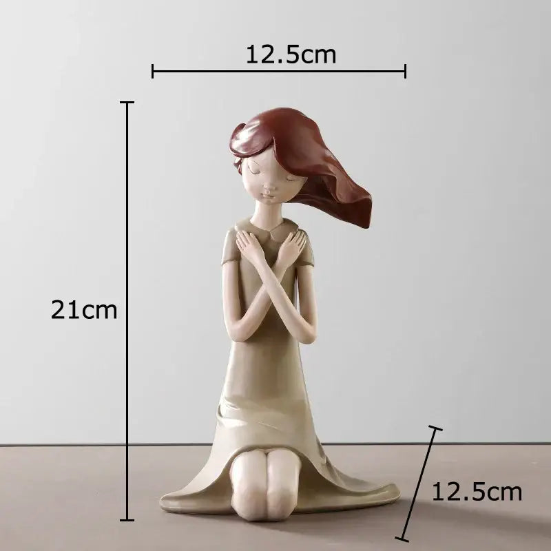 A serene beige cartoon girl resin sculpture with flowing brown hair for decorbites bedroom desk ornament