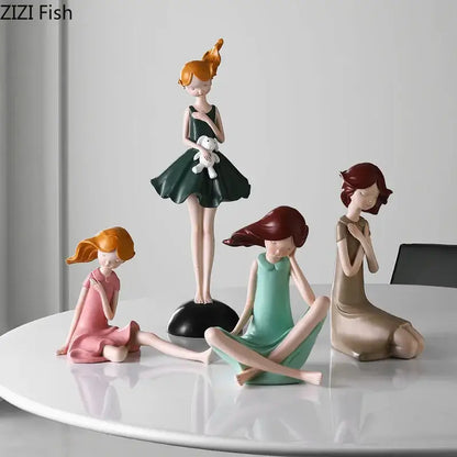 Set of four pastel cartoon girl resin sculptures in green pink teal and beige for bedroom desk decorbites cartoon girl decor