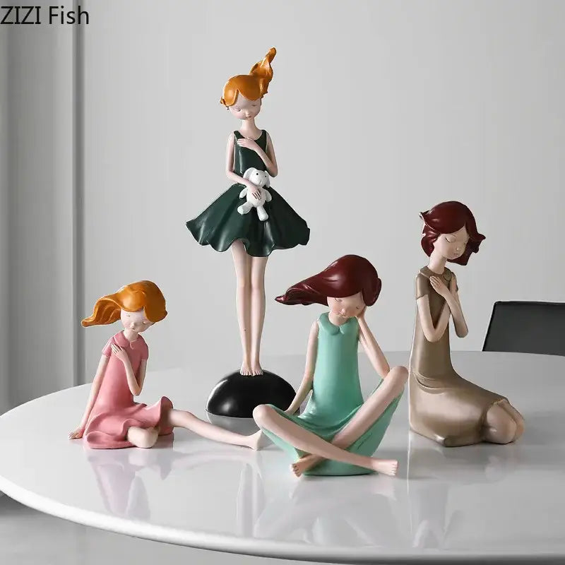Set of four pastel cartoon girl resin sculptures in green pink teal and beige for bedroom desk decorbites cartoon girl decor