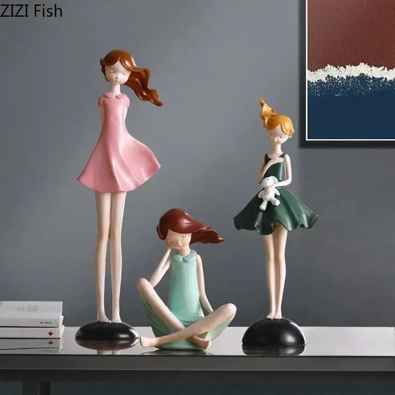Three pastel dress decorbites cartoon girl resin sculptures on black bases for bedroom desk ornament decor