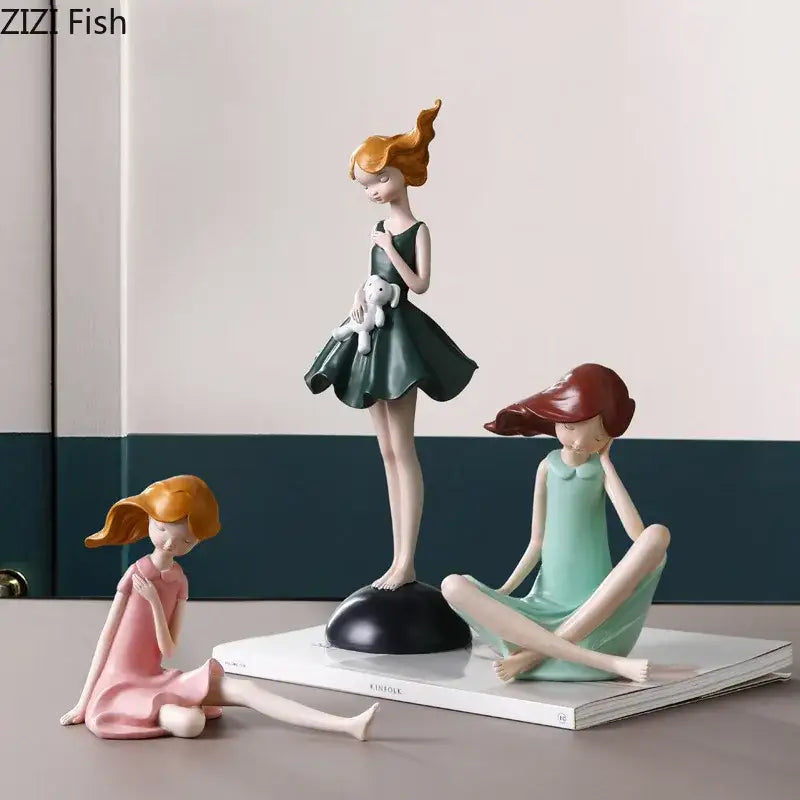 Three pastel dress cartoon girl resin sculptures including one standing with white bunny for decorbites cartoon girl desk ornament