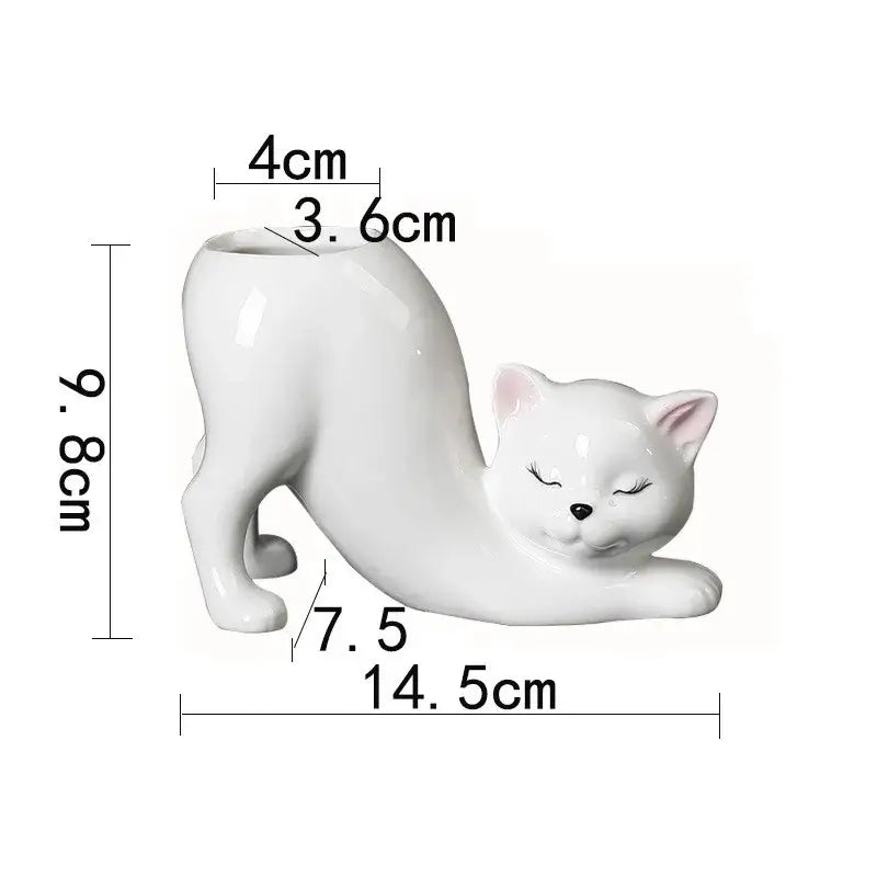 White ceramic cat tail succulent planter with closed eyes and pink inner ears for decorbites cat tail decor