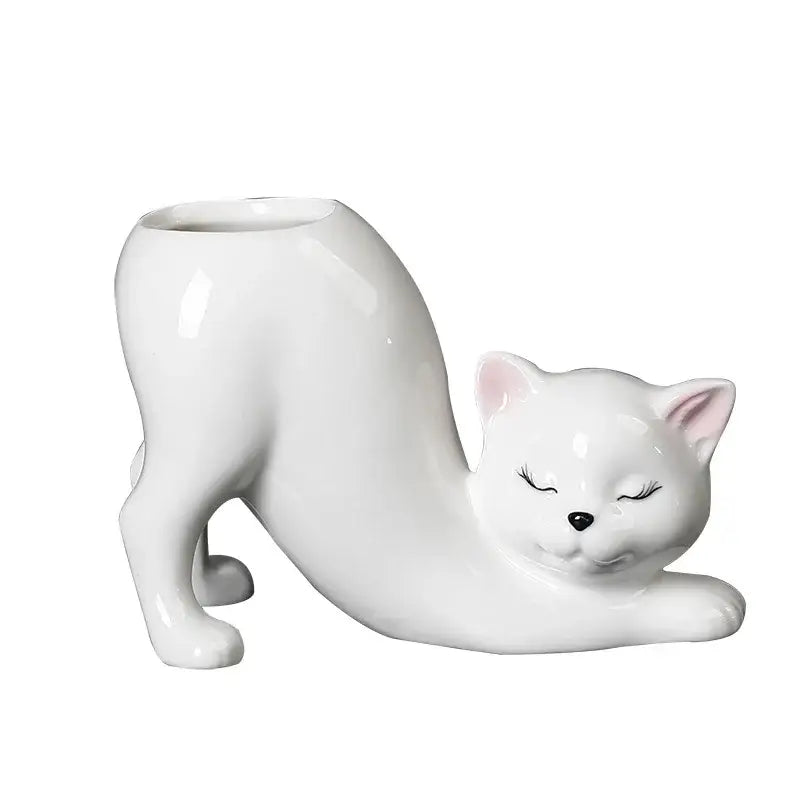 Pastel white ceramic cat tail succulent planter with closed eyes and pink inner ears for bedroom decorbites cat tail decor