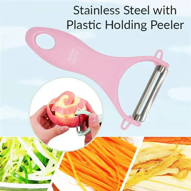 Pink plastic-handled stainless steel ceramic kitchen peeler with curved ergonomic grip from decorbites ceramic kitchen set