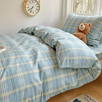Pastel checkered cotton grid pattern bedding set in light blue and cream with soft textured fabric for bedroom decorbites cotton grid